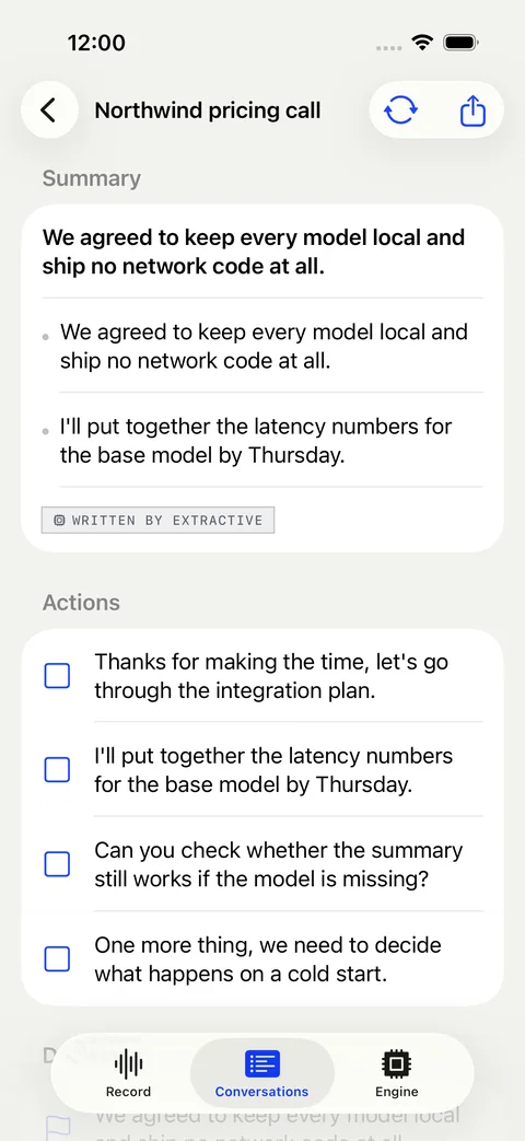 Brink Debrief on iPhone showing a finished conversation: summary, action items and decisions, all produced on the device